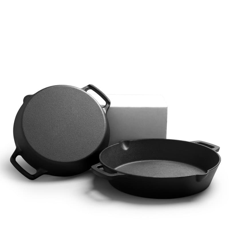Cast Iron Double-Ear Skillet with Dual Spouts, Non-Stick Thickened Coating-Free Double Handle Frying Pan for Grilling Meat and BBQ