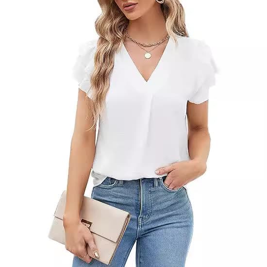 Cross-border foreign trade Amazon women's formal casual shirt pleated short-sleeved V-neck business casual top shirt