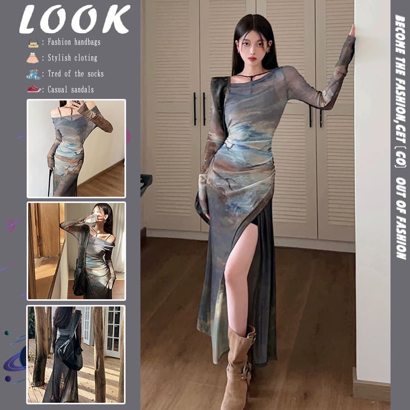 American Vintage Tie-Dye Mesh Long-Sleeve Dress Spring Waist-Slimming Slit Long Dress with Built-in Camisole Two-Piece Set