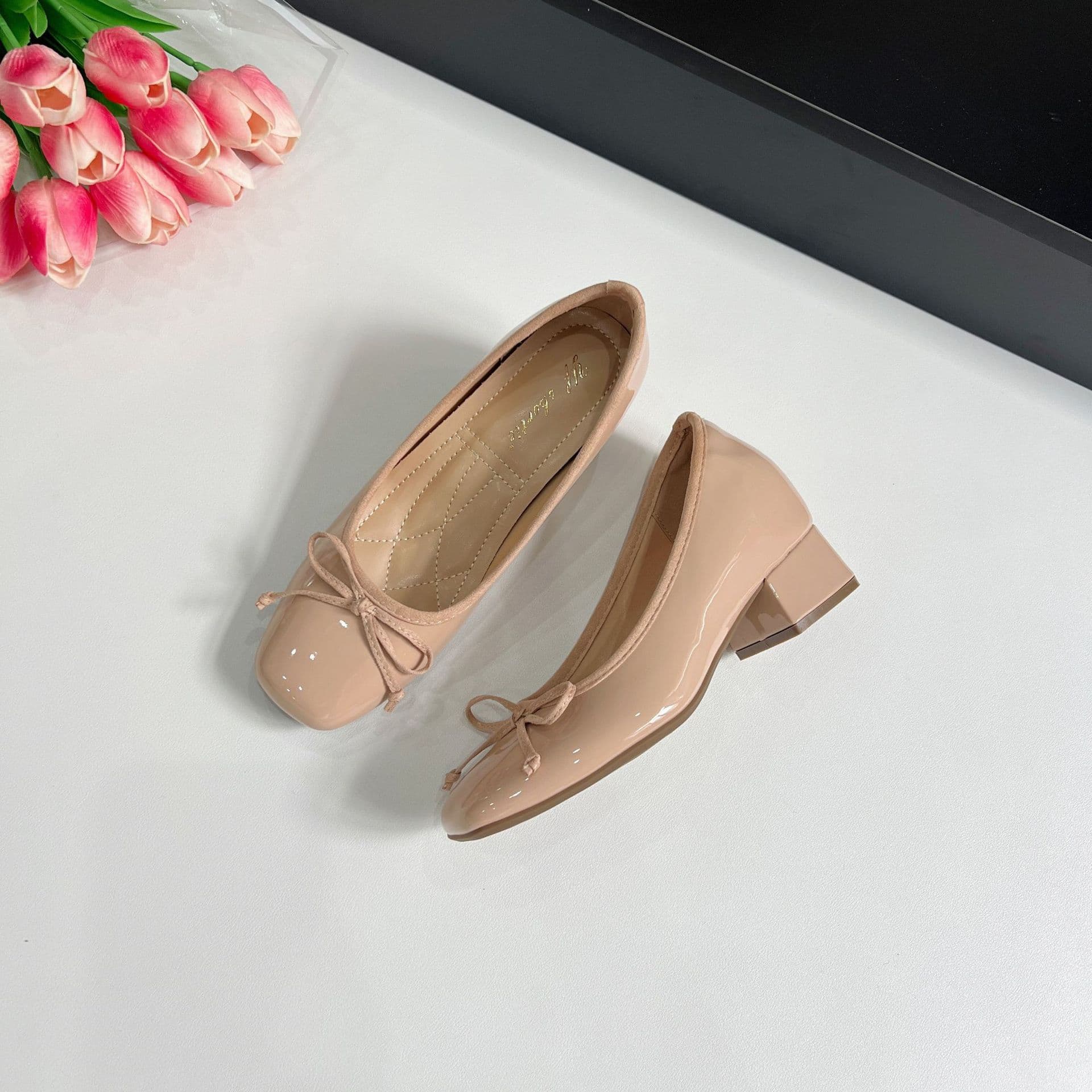 7cm Raised French Bow Chunky Heel Shallow Mouth Ballet Shoes for Women 2025 Summer New Style Absolutely Comfortable