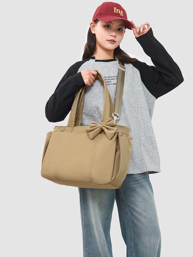 Large Capacity Padded Tote Bag for Women Bow Multi-Pocket Commuter Shoulder Bag Lightweight Casual Student School Bag