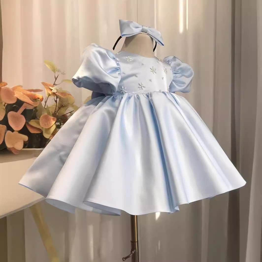 Fashionable blue satin princess skirt tutu skirt evening dress baby one-year-old dress girl birthday photo summer