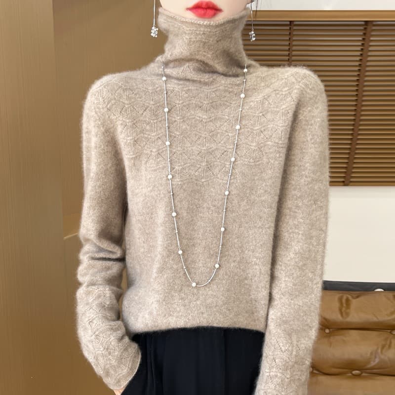 100% Wool New Stacked Collar Hollow Knit Sweater for Women, Long Sleeve Pullover Simple Knit Base Layer Sweater