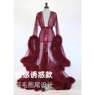 Women's Sexy Lingerie Feather Flared Sleeve Trailing Long Dress Faux Rabbit Fur Sleepwear Sheer Temptation Set