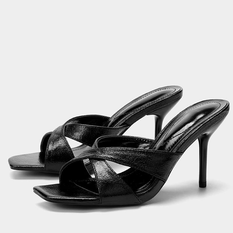 2026 Summer New Style Black Thin Heel Open Toe Slides, Square Toe Slip-On High Heel One-Strap Sandals for Banquet, Plus Size