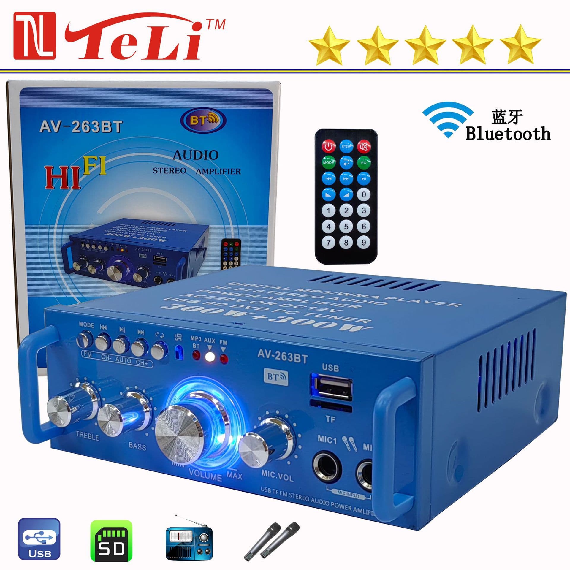 Export Cross-Border Mini AV-263BT Bluetooth USB Radio 12V/220V AC/DC Car Home Amplifier