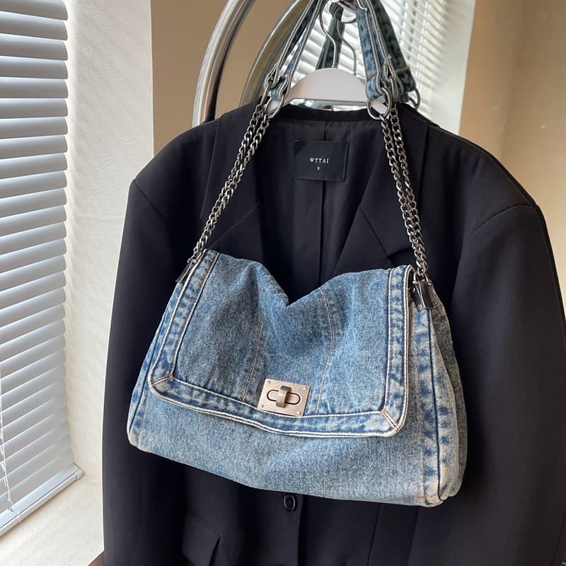 Denim Tote Bag for Women, Large Capacity, Crossbody, 2024 New Style, Casual Chain Shoulder Bag for Commute