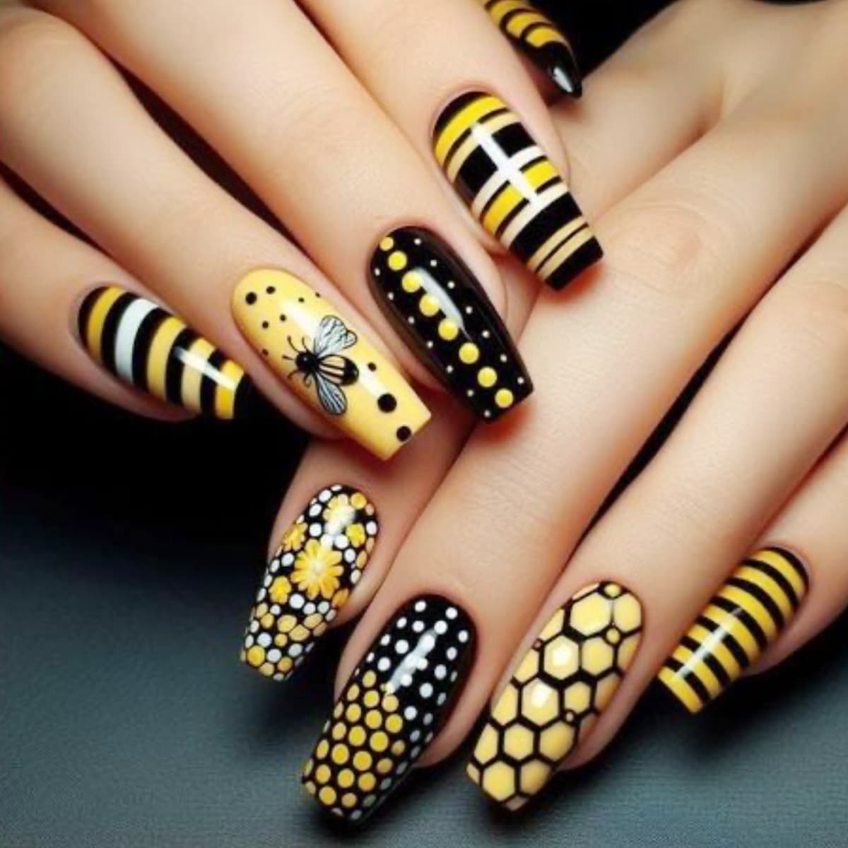Medium-Length Ballet Black and Yellow Striped Bee Flower Polka Dot Pattern Decorative Removable Fake Nails