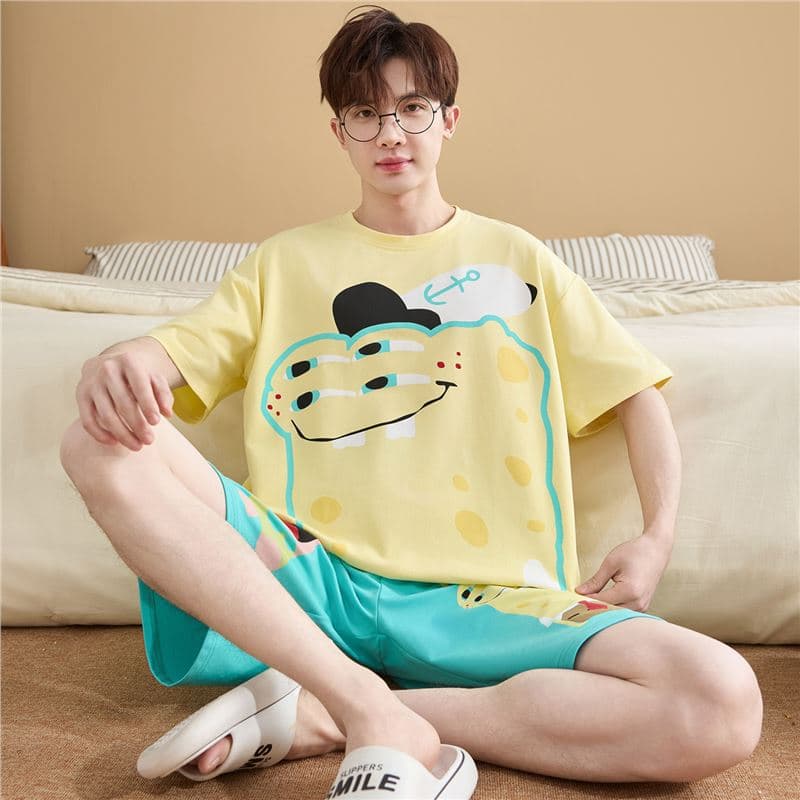 Men's Summer Cotton Short-Sleeve Cartoon Pajama Set, Oversized, Youth, Student, Wearable Outdoors, Homewear