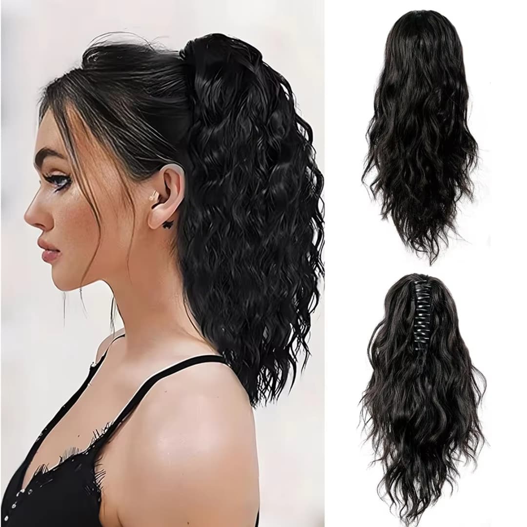 Curly Hair Ponytail Extensions, Clip-In Drawstring Ponytail, Black Ponytail Extensions, Synthetic Fiber Wigs