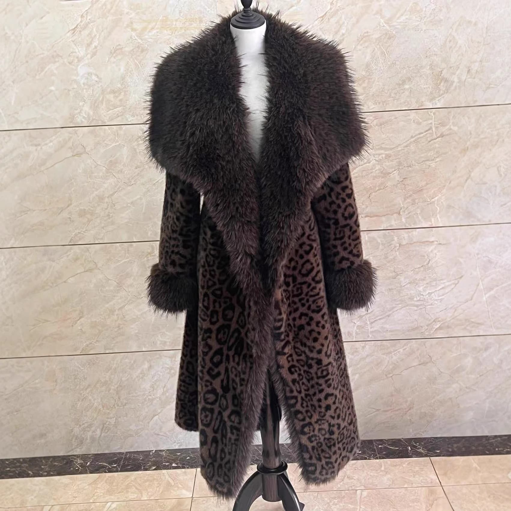Cross-border 2025 Winter New Leopard Print Faux Mink Coat Elegant Winter Fashion Long and Short Shawl Collar Fur Coat for Women
