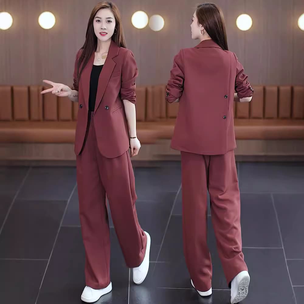 In Stock [6655] Plus Size Women's Angola Red High-End Suit Set, Chubby Girl Wide Leg Pants Two-Piece Set