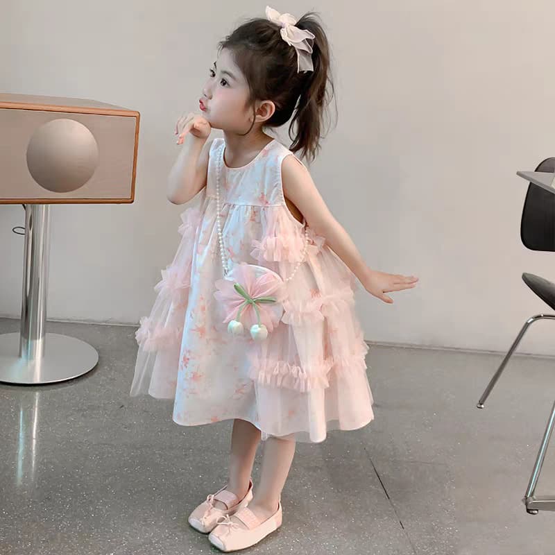 Girls Summer Dress New Style Korean Floral Mesh Princess Dress Baby Vest Dress