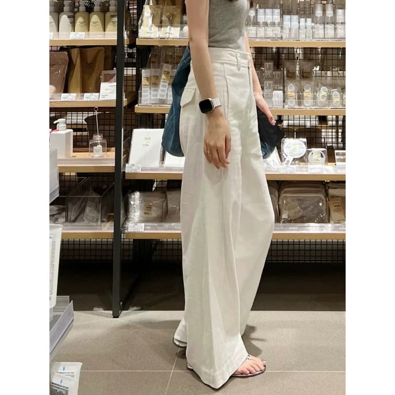 New 2025 White Cotton Linen Wide Leg Pants High Waist Loose Drapey Slimming Straight Casual Trousers Women's Fashion