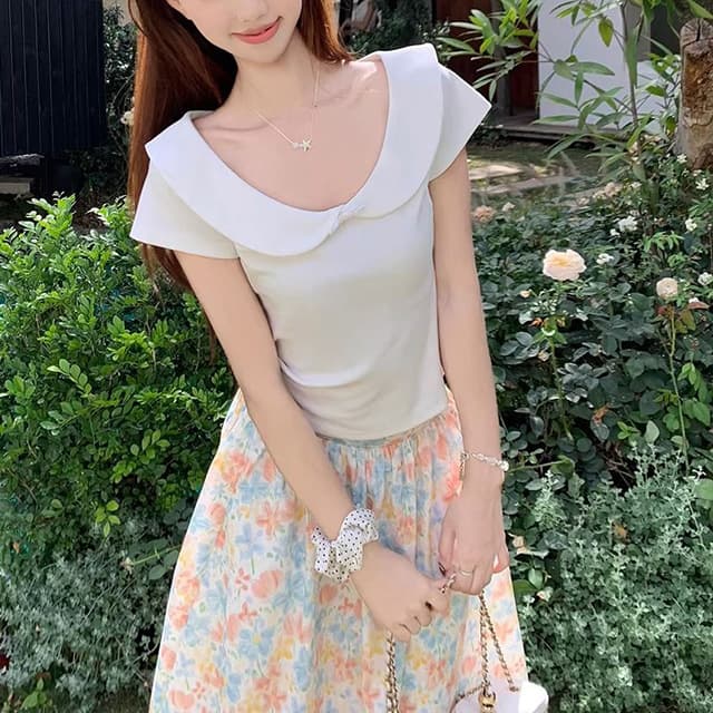 Korean sweet doll collar bow short-sleeved T-shirt for women summer new pure lust style age-reducing slim short top