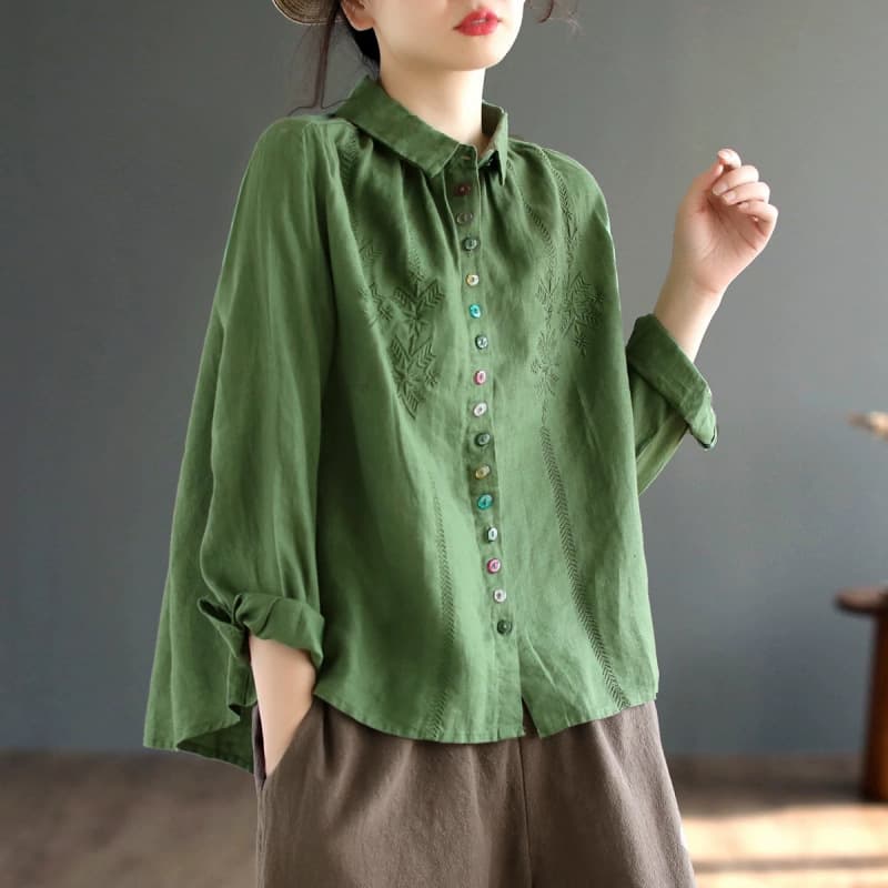 2026 Retro Ethnic Style Embroidered Colorful Button Shirt for Women, New Autumn Wide Fit Slimming Cotton Linen Blouse