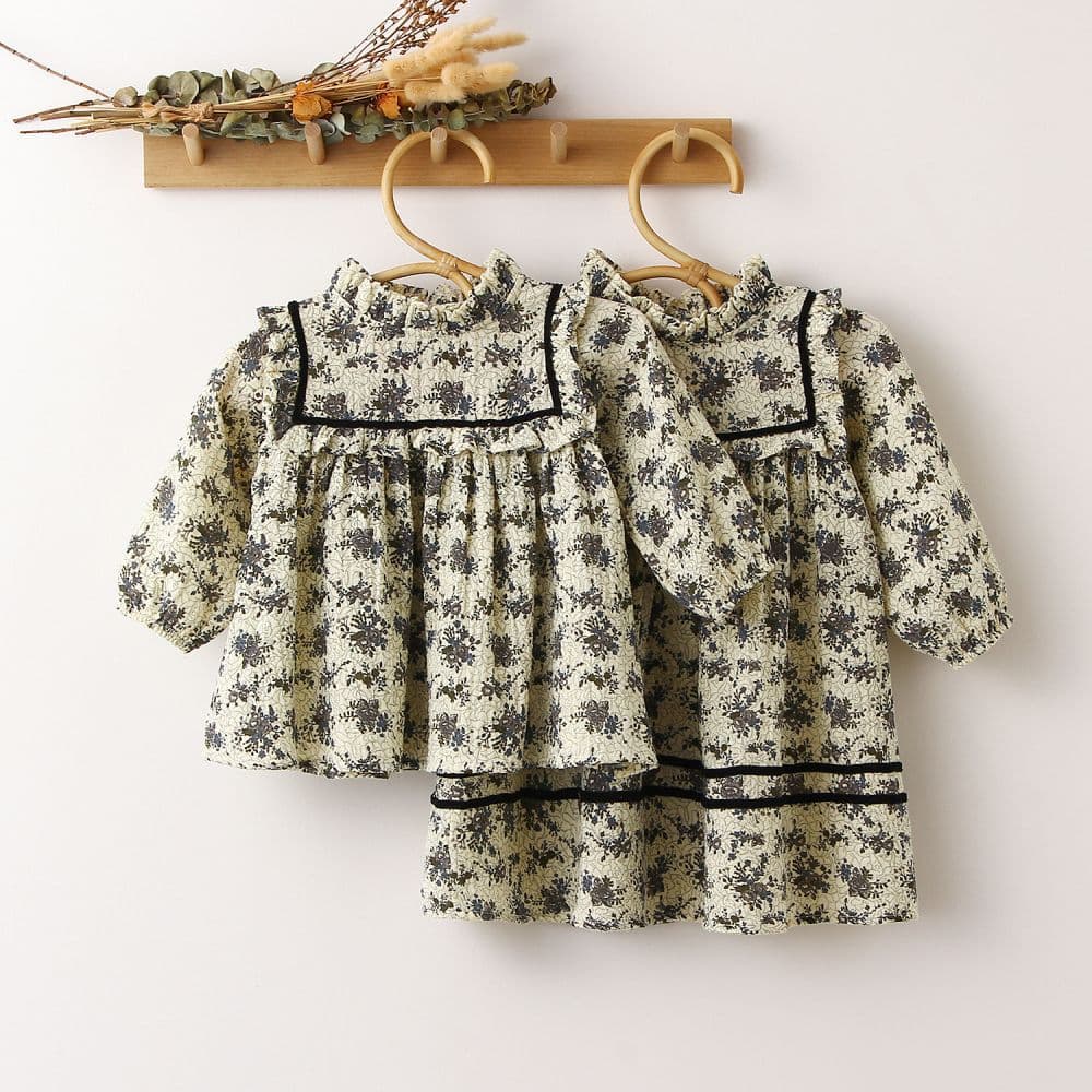 Girls' School Dress, Children's Blouse, Vintage Floral Baby Girl Party Dress, Long Sleeve Girls' Skirt, Cross-Border
