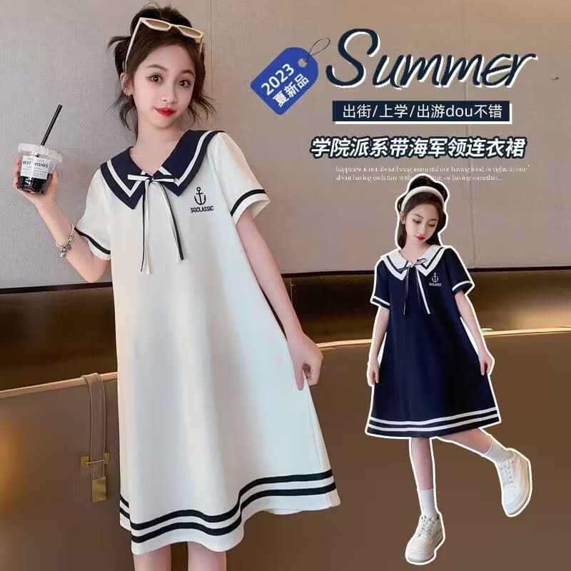 Girls' Summer Dress Fashionable Casual Short-Sleeved College Skirt Summer New Arrival for Middle School Students