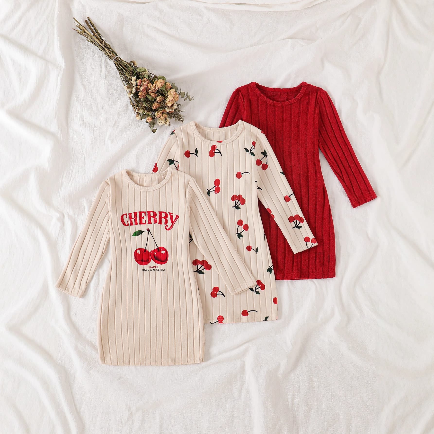 Young Girls fall dresses for girl 3-piece set solid color letters with cherry prints all over