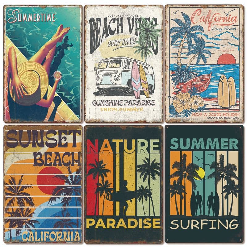 2024 new export summer surfboard retro tin sign, American bar background wall home decor mural.