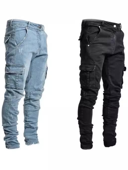 2024 European and American cross-border new stretch jeans for men with side pockets slimming small feet skinny jeans black