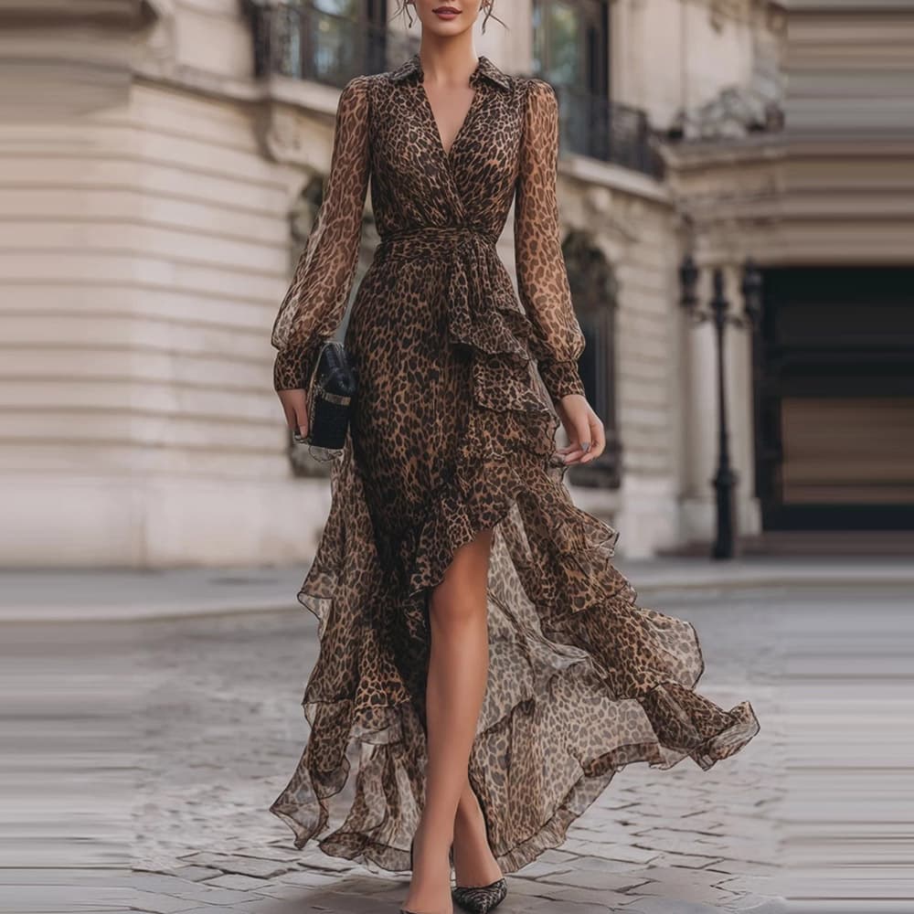 2026 European and American Fashion Export Independent Station Amazon Cross-border Leopard Print V-Neck Long Sleeve Waist-Tied Ruffled Elegant Dress