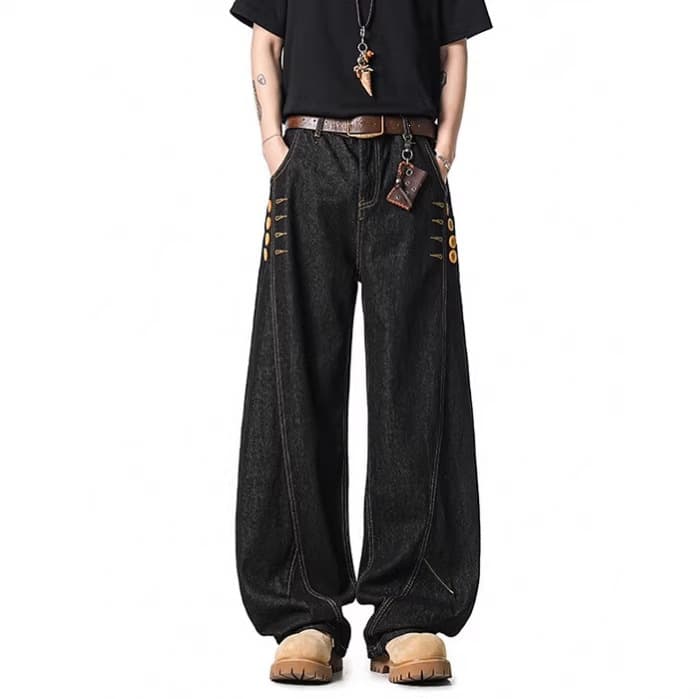 Foreign trade cross-border American retro washed buttoned jeans for men and women spring new raw cow scimitar pants loose wide legs
