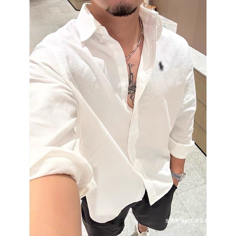 Old Money Style Small Horse Embroidered Linen Shirt for Men, Summer Lightweight Sun Protection Jacket Style Casual White Shirt In Stock