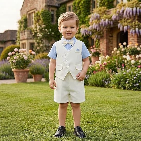 Children's Cross-Border New Style Suit Three-Piece Set Summer Solid Shirt + Cotton Linen White Vest + White Suit Shorts