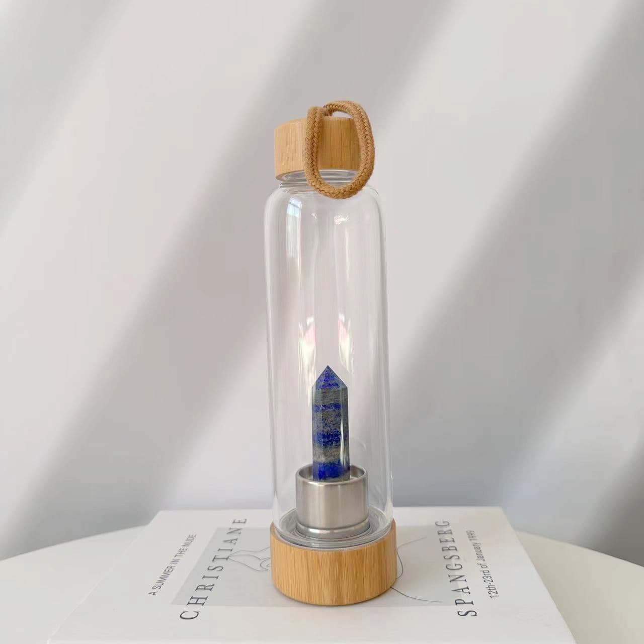 Amazon Natural Hexagonal Crystal Glass Water Bottle with Bamboo Lid - Amethyst Gemstone Crystal Column Energy Cup