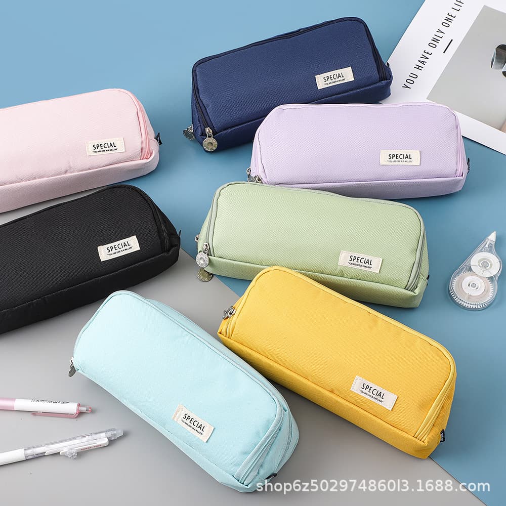 Cross-border popular solid color pencil case, stain-resistant multi-layer double-open pencil case, large capacity student stationery box, canvas pencil case