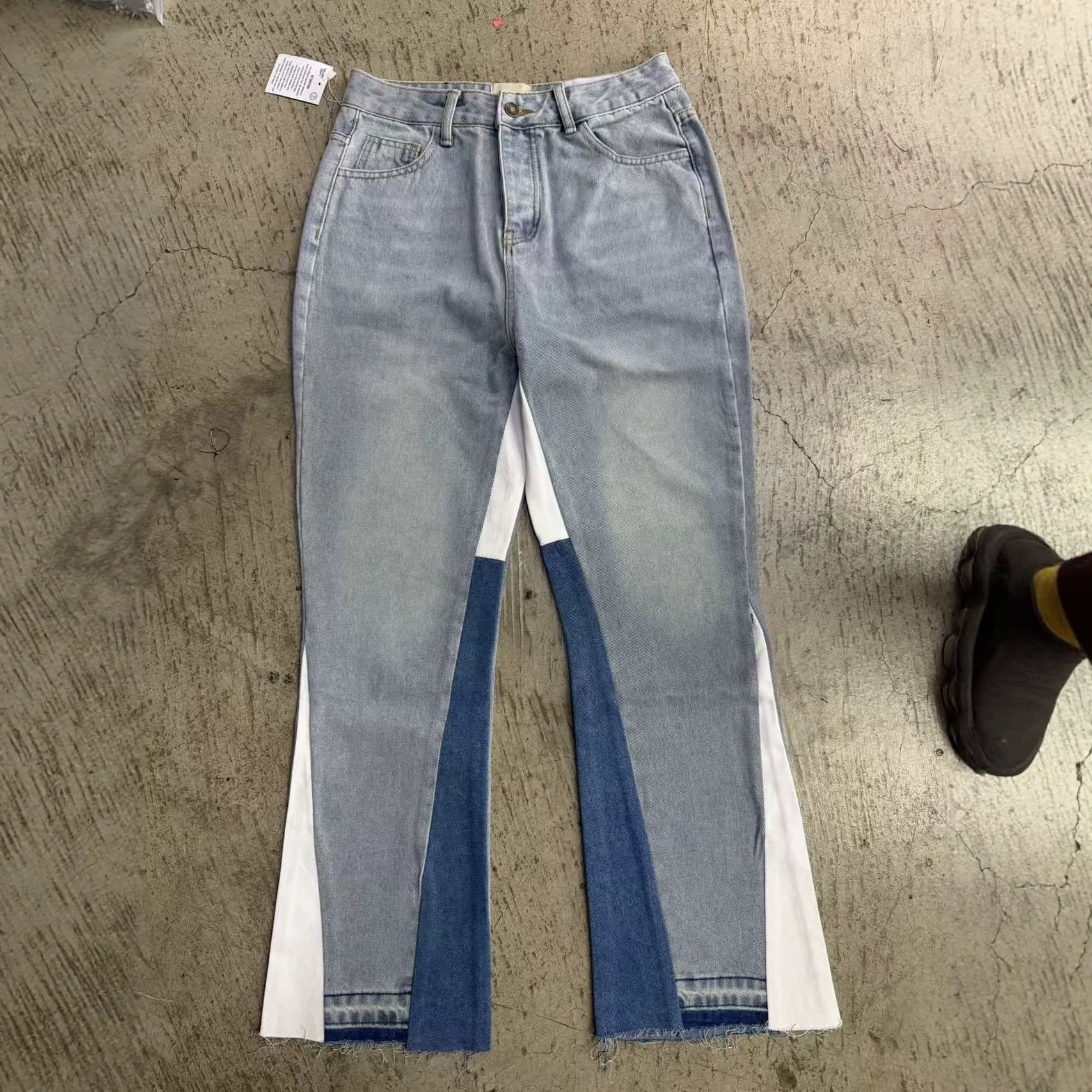 GA Wholesale Cross-border Foreign Trade Trendy Denim Flared Washed Distressed Patchwork Unisex Jeans