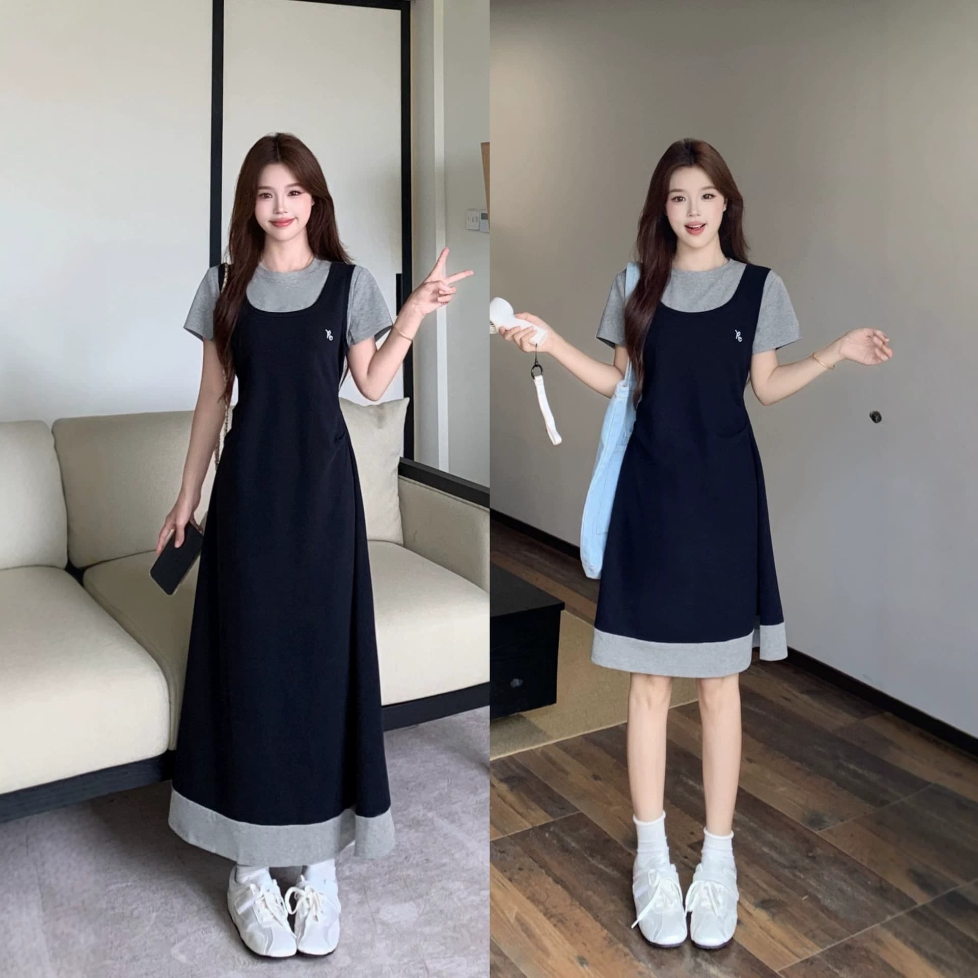 Plus Size Micro-Fat MM Navy Contrast Color Fake Two-Piece Spliced Short Sleeve Dress for Women Summer Waist-Slimming Elegant Dress