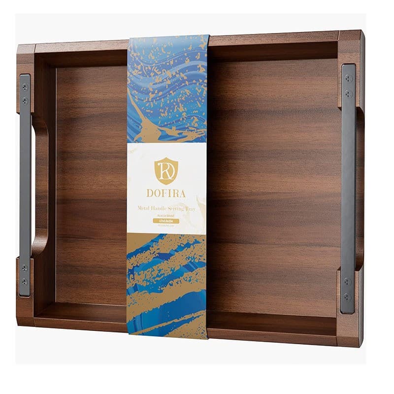 Custom New Wooden Tray with Metal Handle Food Beverage Tray Coffee Table Breakfast Dinner Bar Storage Tray
