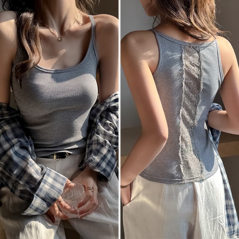 Summer New Lace-Back Spliced Camisole for Women, Ribbed Slimming and Sexy Outerwear Top