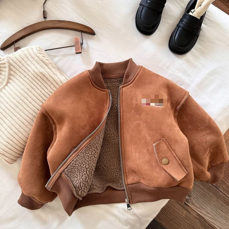 Children's Fleece-Lined Jacket 2023 Autumn Winter Boys Girls Thick Warm Embroidered Baseball Jacket Baby Zip-Up Trendy Korean Style