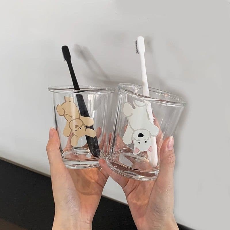 Minimalist Dog-Themed Bathroom Cup Set for Couples, Dormitory Water Cup Ins Style Cute Household Glass Rinsing Cup