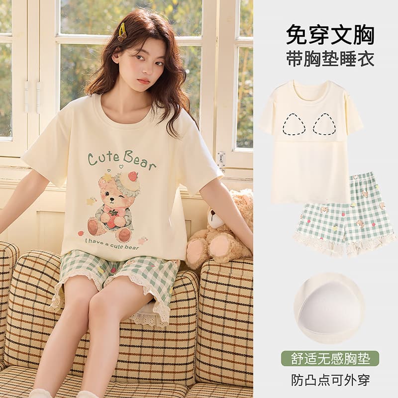 Xinjiang Cotton Pajamas with Built-in Bra, Women's Summer Pure Cotton Short Sleeve, Cartoon Wearable Homewear Set