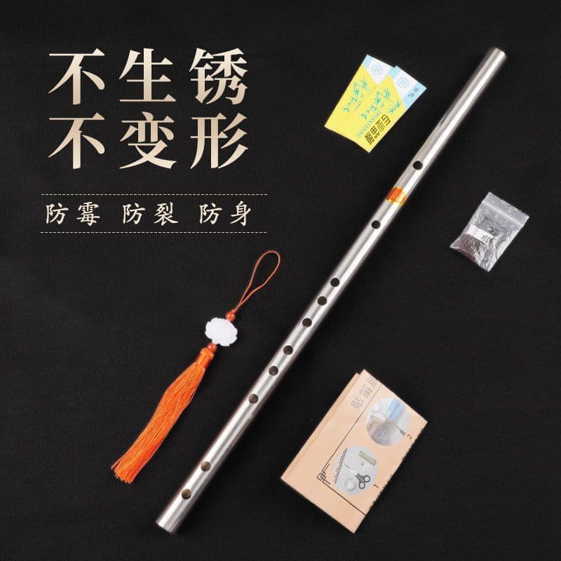 One-Piece Full Stainless Steel Flute, Beginner Ancient Style Transverse Flute, Professional Thickened Performance Instrument, Mold and Crack Resistant, Self-defense
