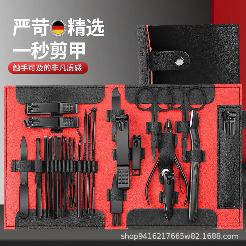 New nail clipper set foldable black and red 31-piece set of pedicure scissors, full set of ear scoops to remove dead skin