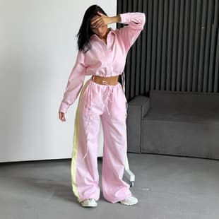2026 Shirt and Pants Set, European and American Spring/Summer Loose Long-Sleeve Shirt Casual Set for Women, Color-Block Long Top and Pants
