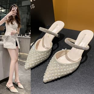 Pearl Rhinestone Pointed Toe Closed-Toe Mules for Women Summer 2026 New Thin Heel Elegant High Heel Half Slippers for Dresses