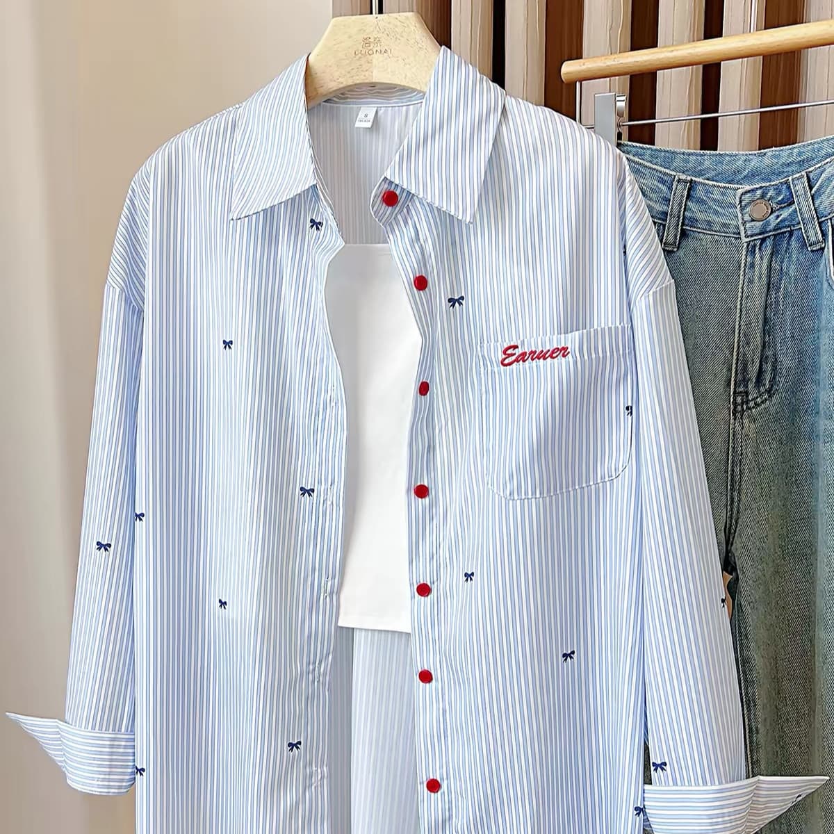 Spring/Fall Casual Blue and White Striped Bow Embroidery Long-Sleeve Shirt for Women, Loose-Fitting Versatile Patch Pocket Design Top