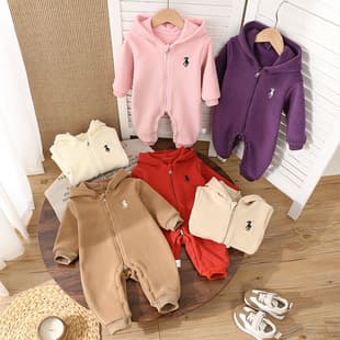 New Spring/Fall Korean-Style Long-Sleeve Baby Romper for Boys and Girls, Winter Lined Hooded Outfit
