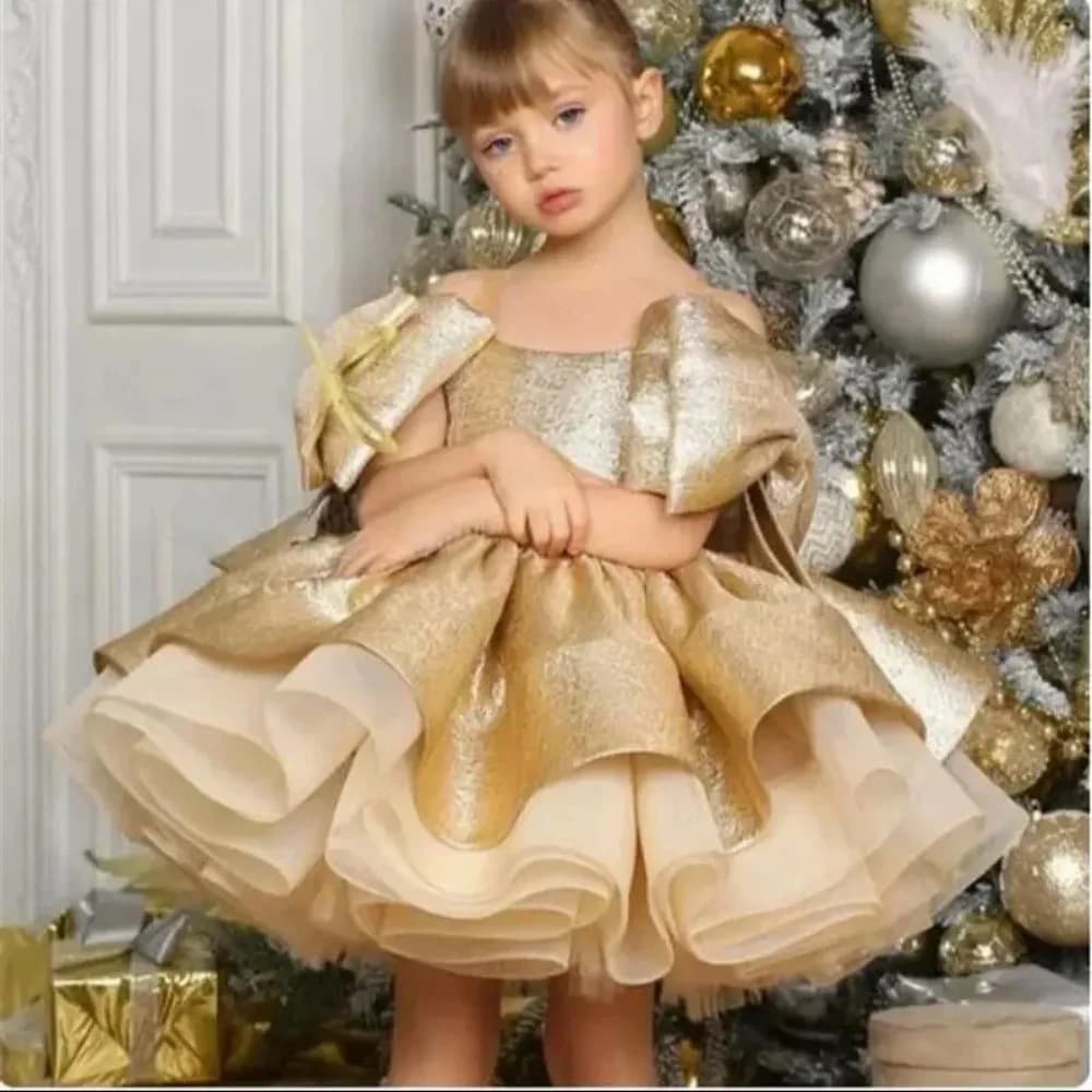 New Christmas Children's Gold Birthday Dress Girls Stage Performance Little Host Sequined Princess Dress