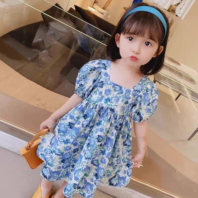 Girls' Summer Dress with Puff Sleeves, New Stylish Baby Blue Floral Princess Dress, Children's French-Style Short-Sleeve Dress