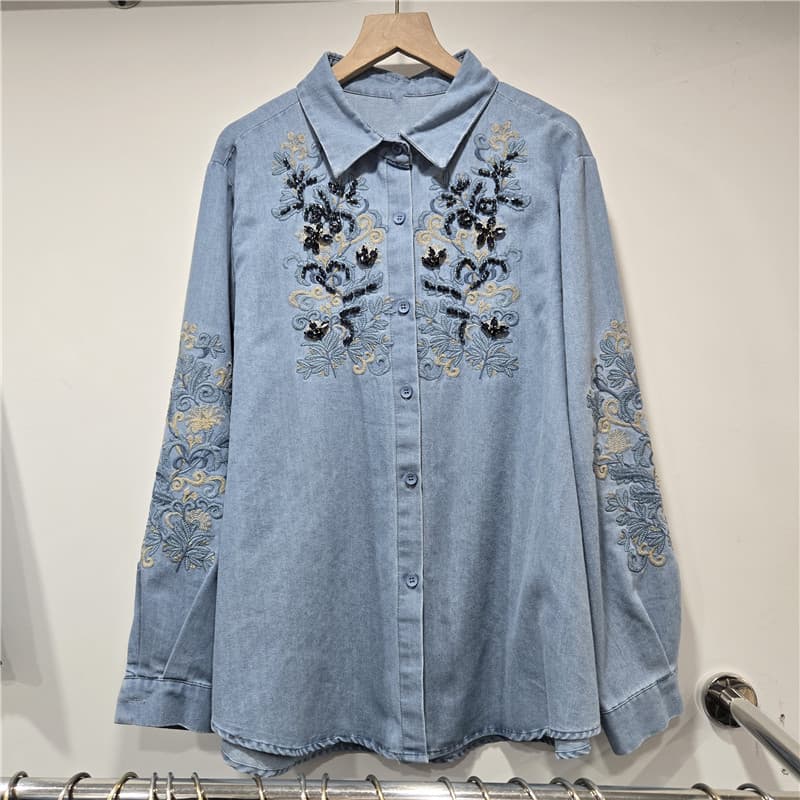2026 Early Spring New Flower Embroidery Vintage Denim Lapel Cardigan Long Sleeve Loose Artistic Women's Shirt Top