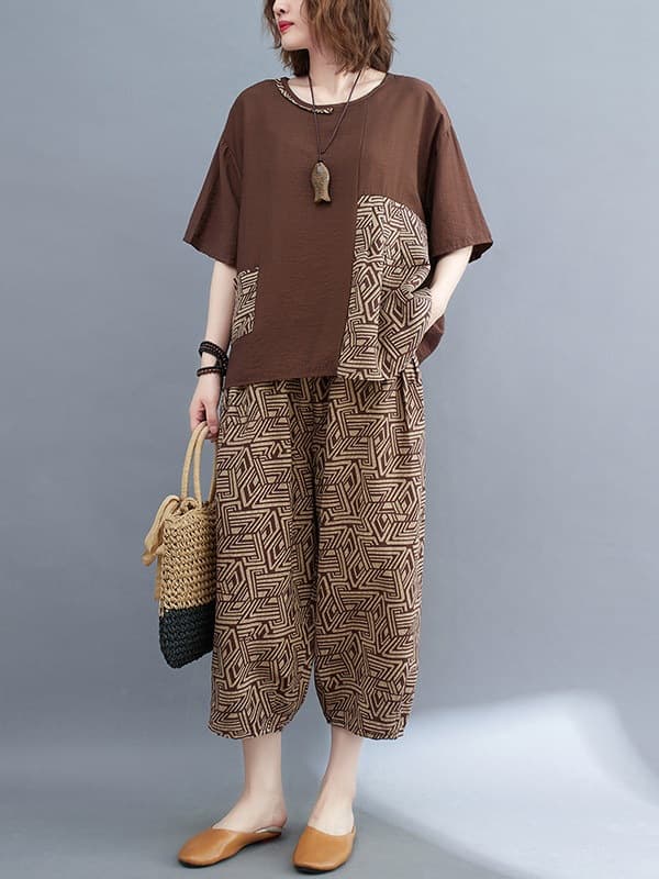 New Summer Set for Middle-aged and Elderly Women, Plus Size Short Sleeve Linen Casual Comfortable Top