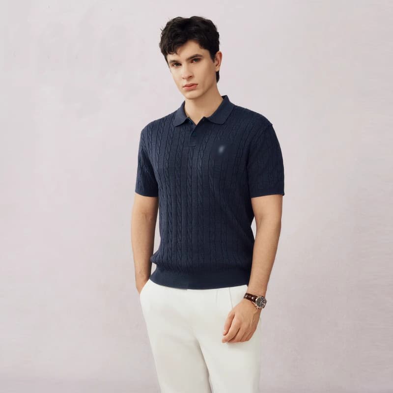 Men's Short-Sleeve Knit Top 2026 Summer Commute Turn-Down Collar Cable Knit Sweater T-Shirt Breathable Slim Fit Casual Versatile