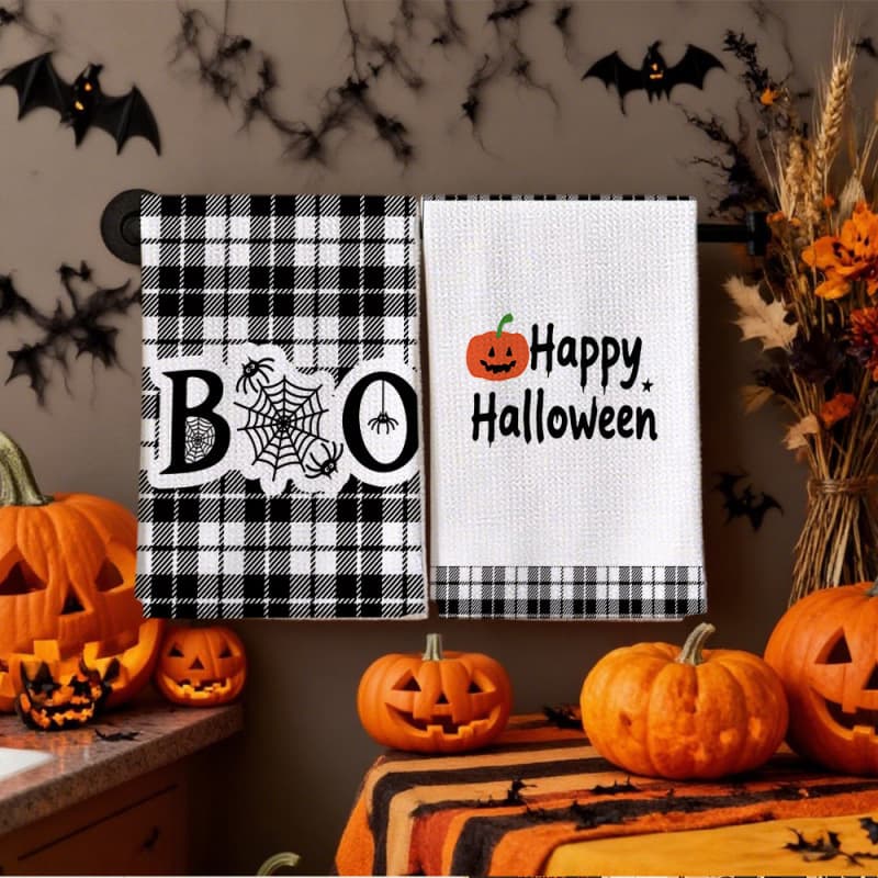 Cross-border New Halloween Pumpkin Waffle Towel Kitchen Hand Towel Bathroom Cleaning Towel Holiday Gift